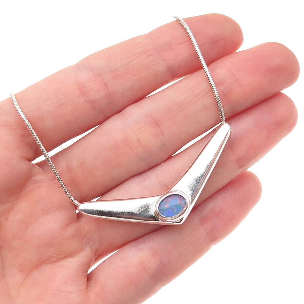 925 Sterling Vintage MJC Australia Real Opal Modernist Snake Chain Necklace 18"